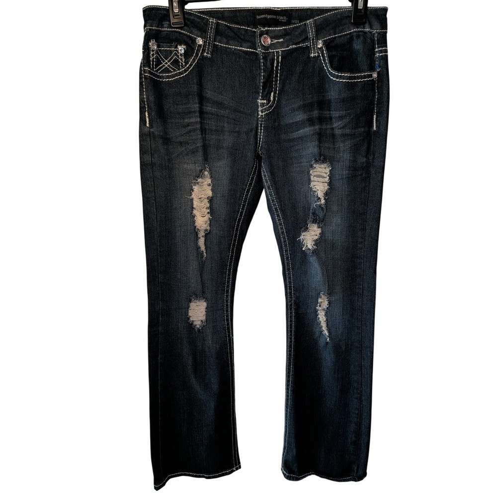 twentyone black rue21 Distressed Straight Leg Jeans Dark Wash Rhinestone 11/12S